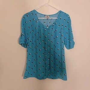 Turquoise office casual blouse with cute details at sleeve, hidden button front
